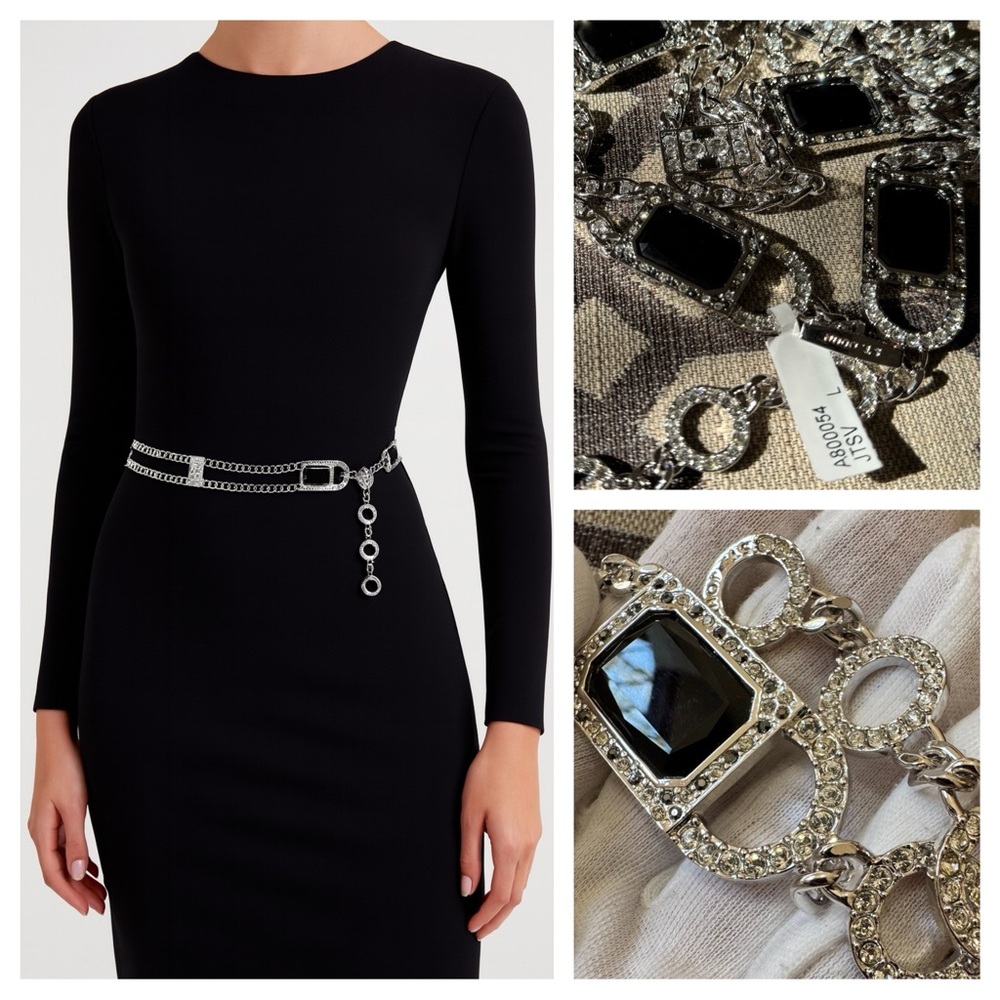 NEW St. John Swarovski Halo Crystal Chain Belt Black Stones Emerald Cut Silver